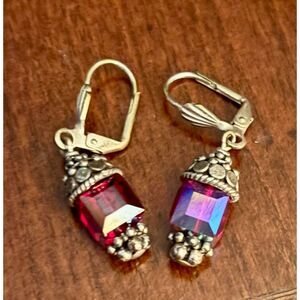 VTG Red Crystal Dangle Earrings Aurora Borealis AB Glass Gold Tone Art Deco STL